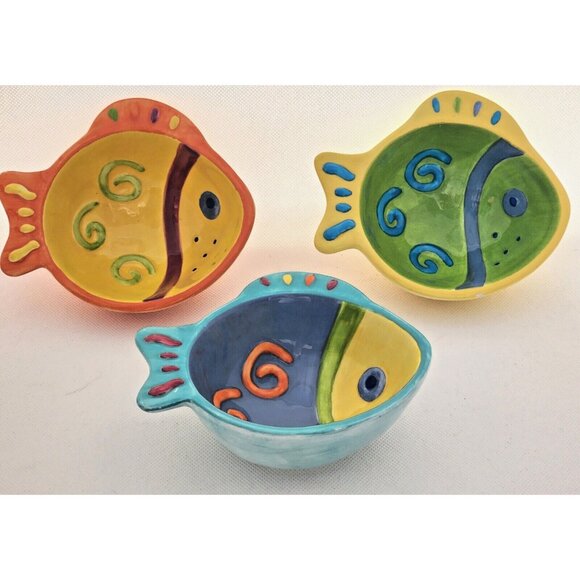 CONDIMENT/SERVING BOWLS-Colorful-Whimsical-Fish-Blue Yellow Green Orange-Set 3 - Picture 3 of 9